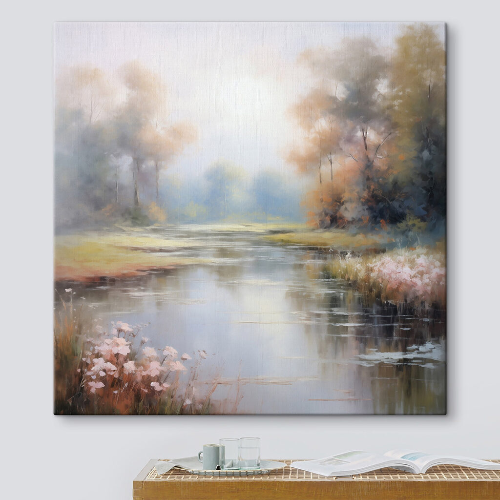 Painting of a river with trees and grass