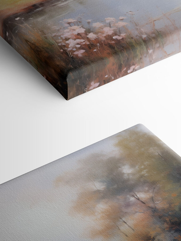 Painting of a river with trees and grass