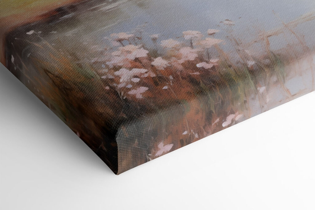 Painting of a river with trees and grass