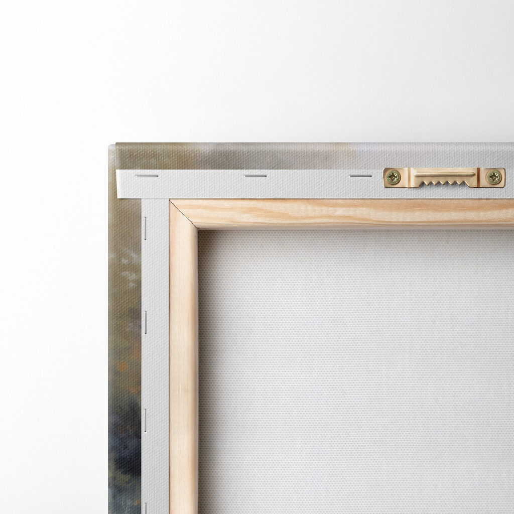 Painting of a river with trees and grass