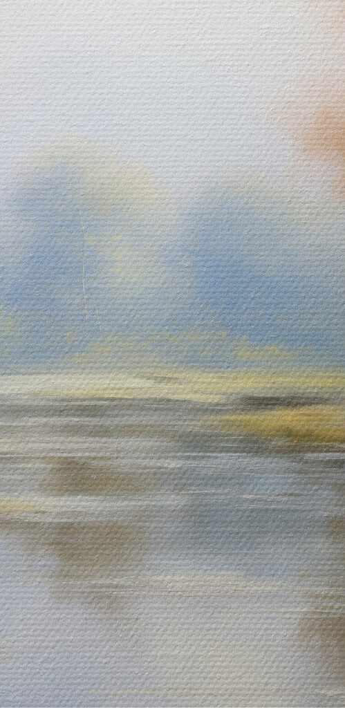 Painting of a river with trees and grass