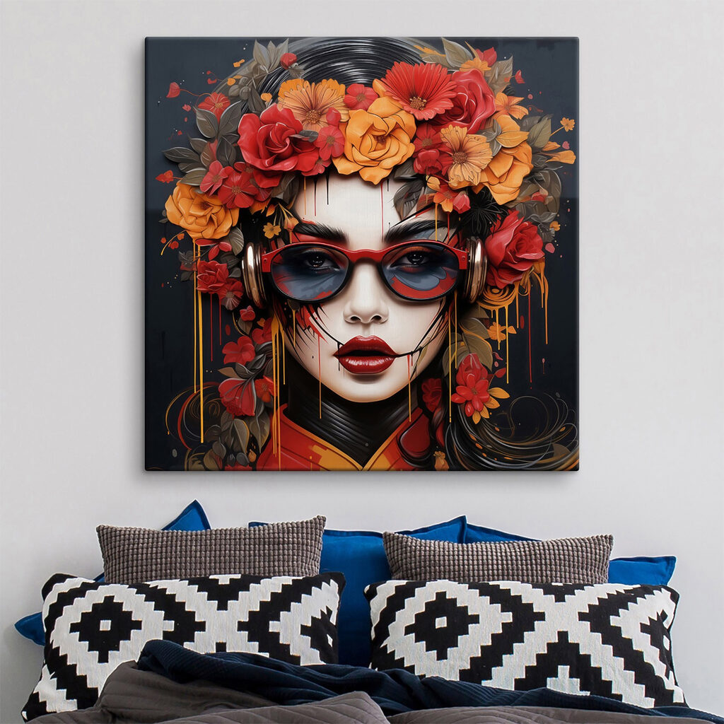 Woman with flowers in her hair and glasses