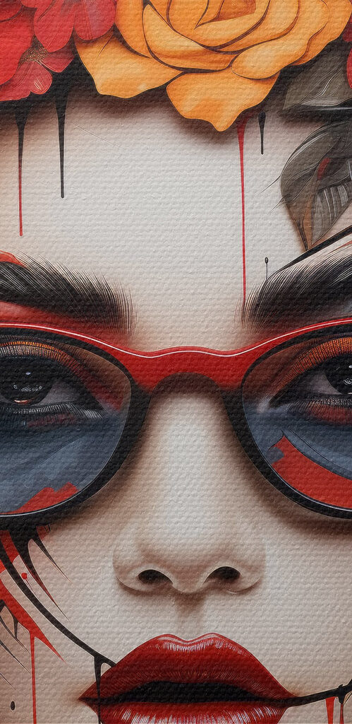 Woman with flowers in her hair and glasses