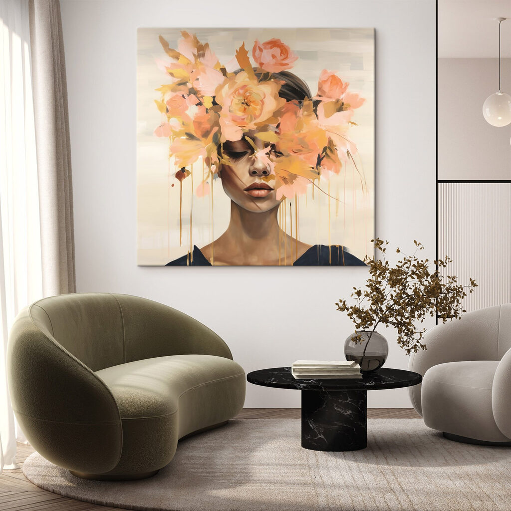 Painting of a woman with flowers on her head Painting of a woman with flowers on her head