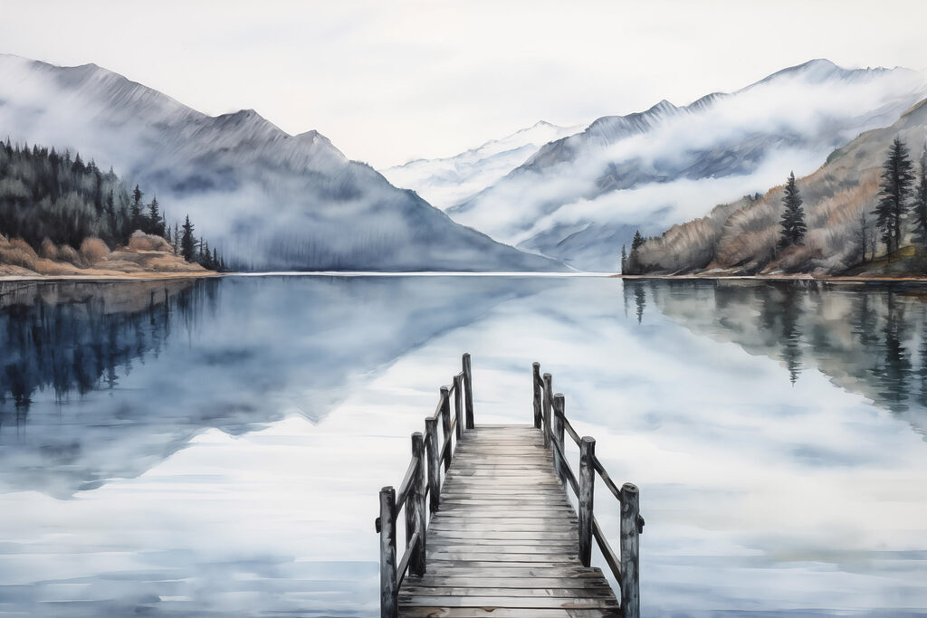 Watercolor of a dock on a lake with mountains in the background Watercolor of a dock on a lake with mountains in the background