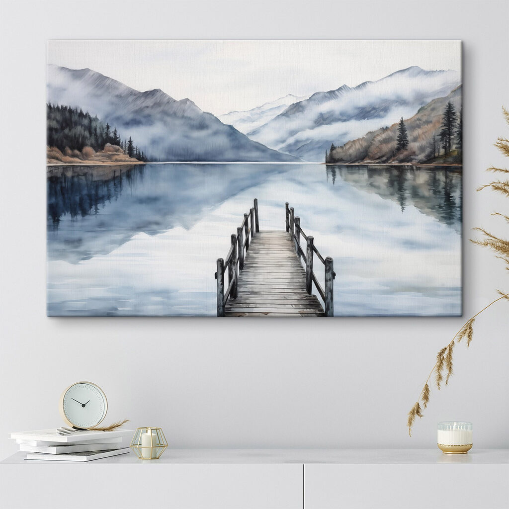 Watercolor of a dock on a lake with mountains in the background Watercolor of a dock on a lake with mountains in the background