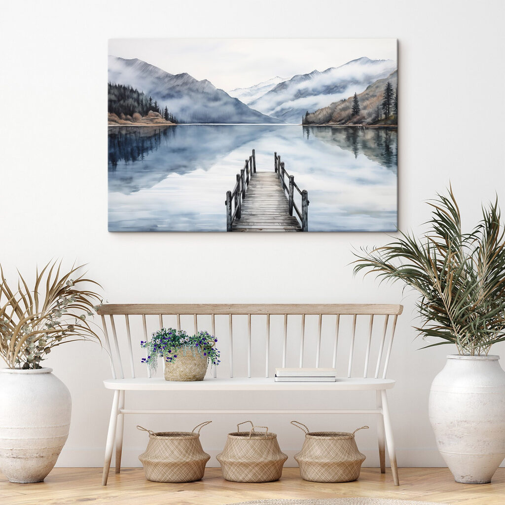 Watercolor of a dock on a lake with mountains in the background Watercolor of a dock on a lake with mountains in the background