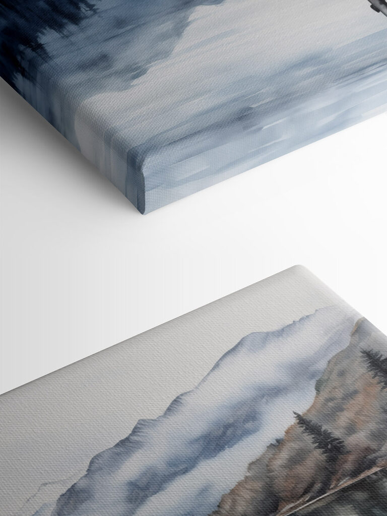 Watercolor of a dock on a lake with mountains in the background Watercolor of a dock on a lake with mountains in the background