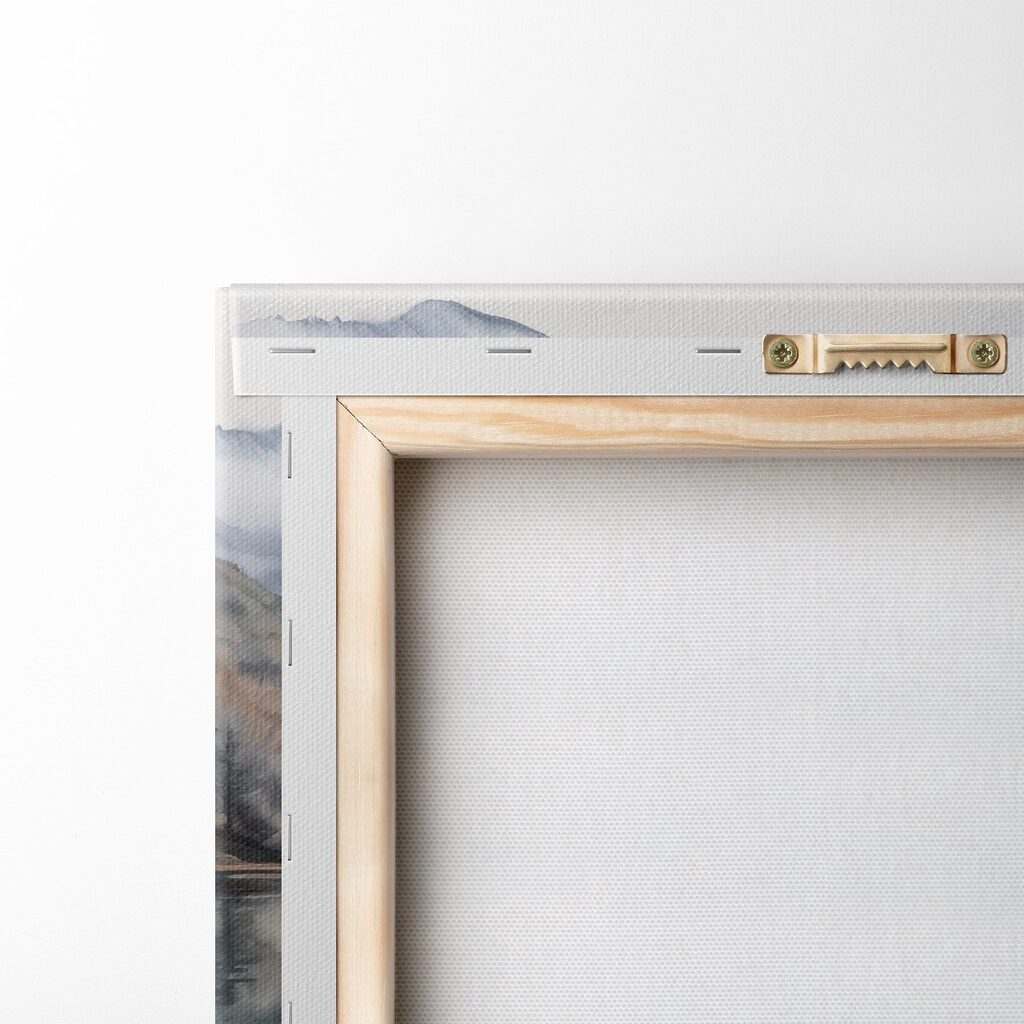 Watercolor of a dock on a lake with mountains in the background Watercolor of a dock on a lake with mountains in the background