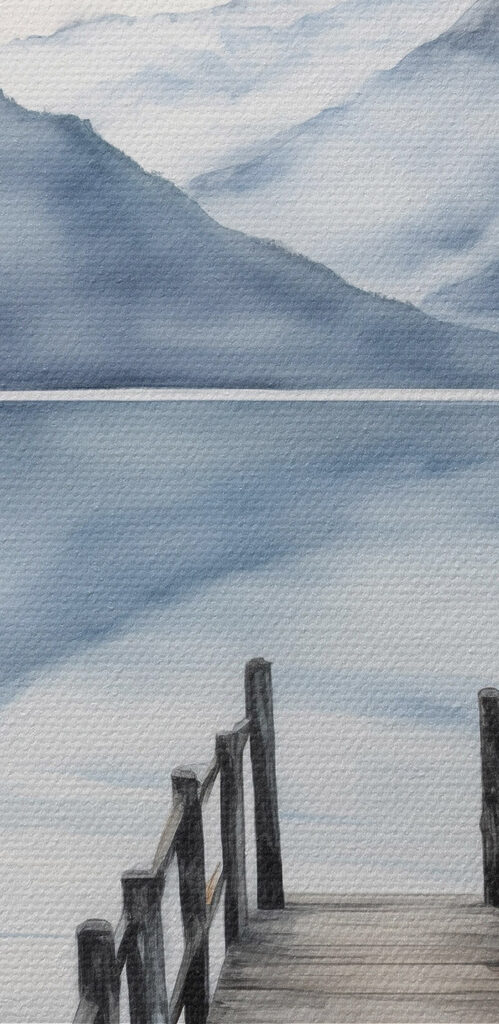Watercolor of a dock on a lake with mountains in the background Watercolor of a dock on a lake with mountains in the background