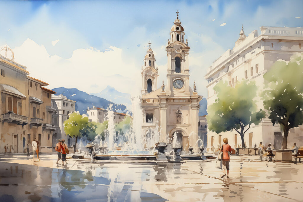 Watercolor of a building with a fountain in front of it Watercolor of a building with a fountain in front of it