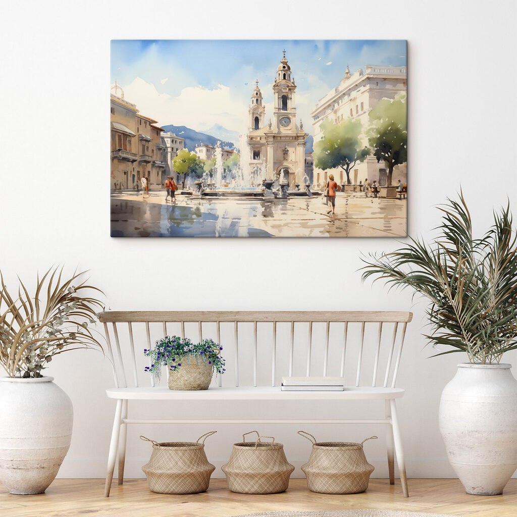 Watercolor of a building with a fountain in front of it Watercolor of a building with a fountain in front of it