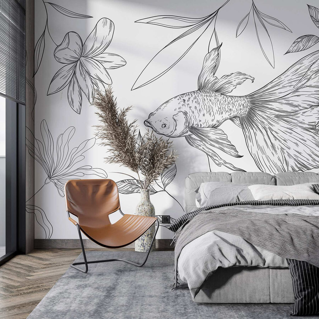 Black and white drawing of a fish and plants Black and white drawing of a fish and plants