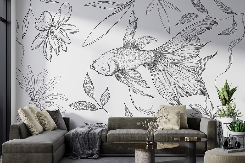 Black and white drawing of a fish and plants Black and white drawing of a fish and plants