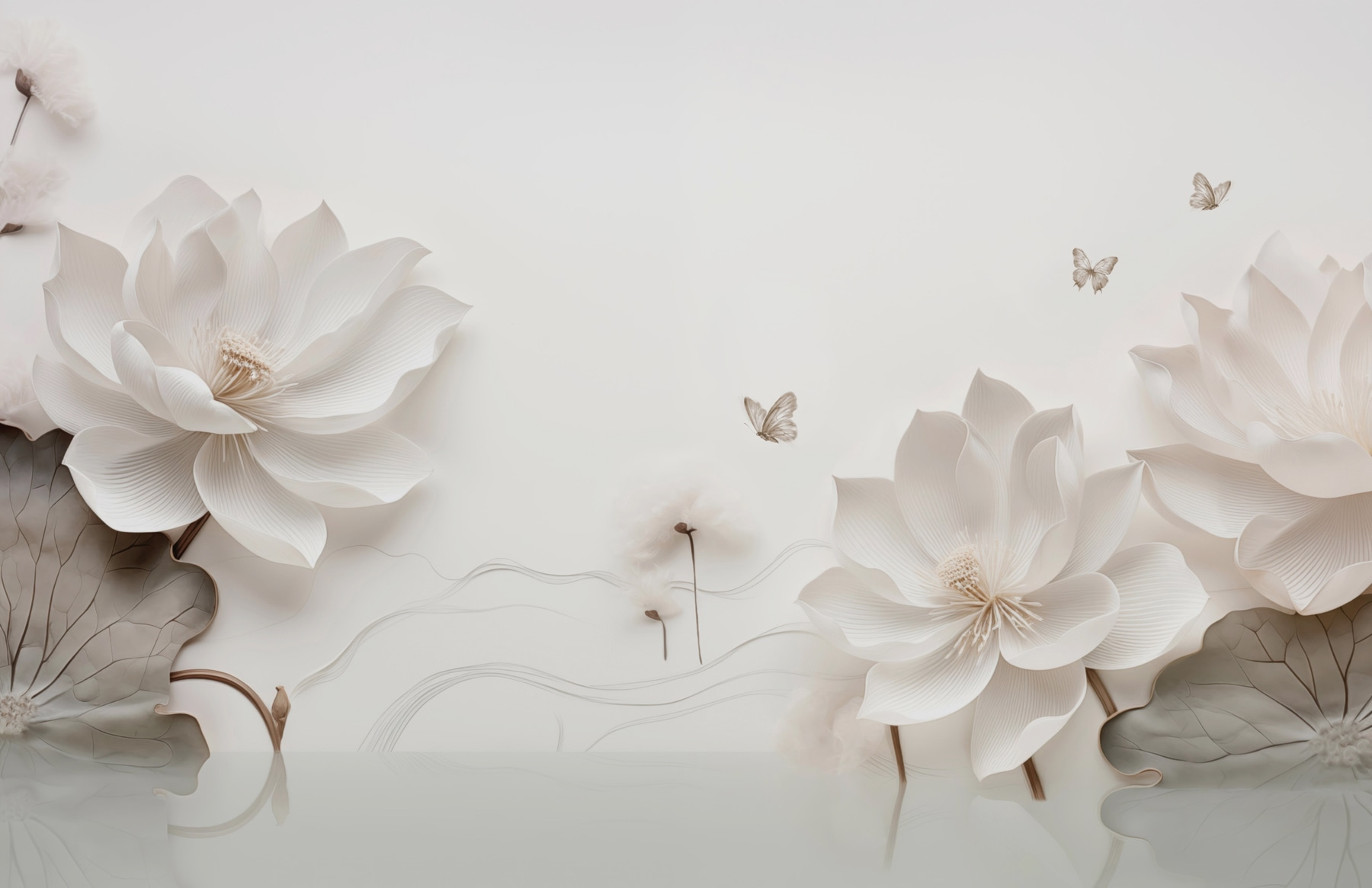 White paper flowers and butterflies on a white surface White paper flowers and butterflies on a white surface