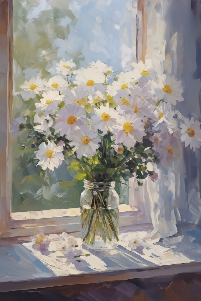 Painting of flowers in a glass jar Painting of flowers in a glass jar