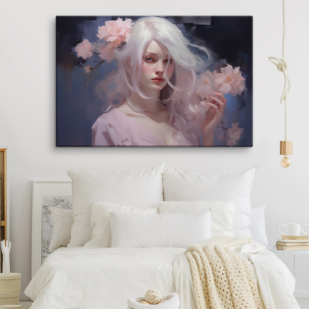 Woman with long white hair and pink flowers