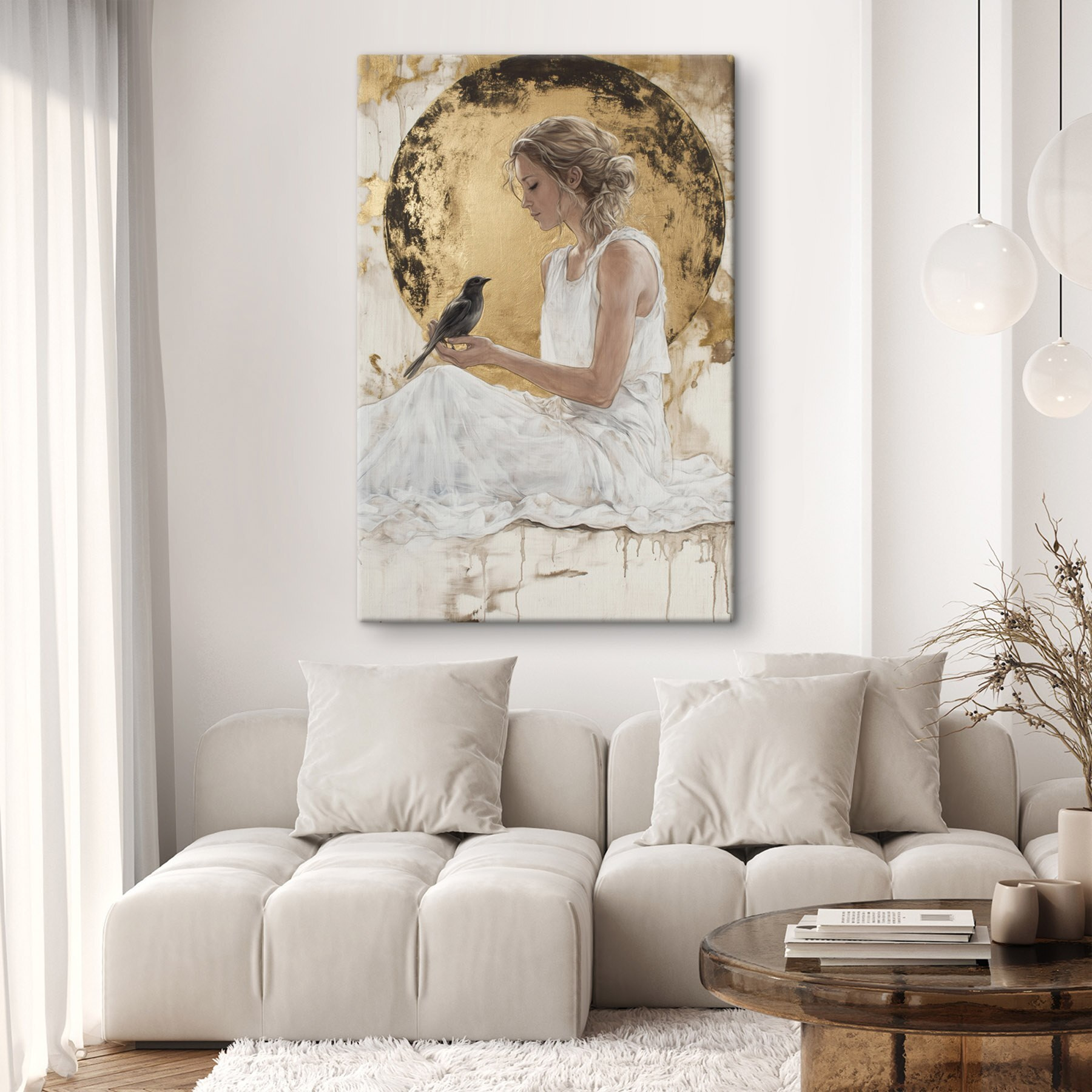 Woman in a white dress holding a bird Woman in a white dress holding a bird