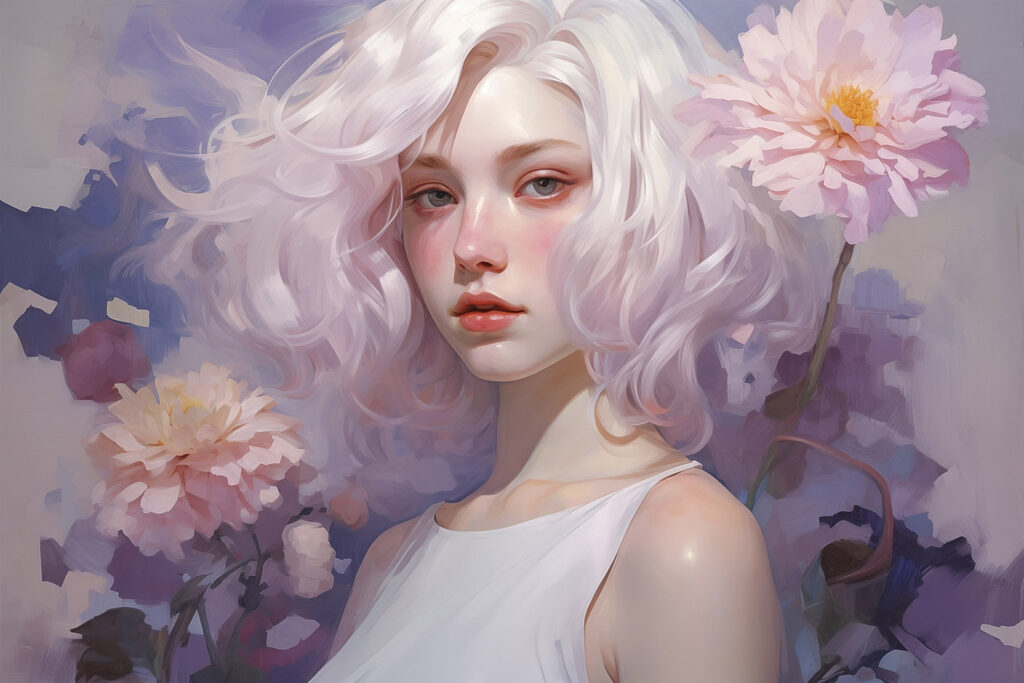 Woman with pink hair and pink flowers Woman with pink hair and pink flowers