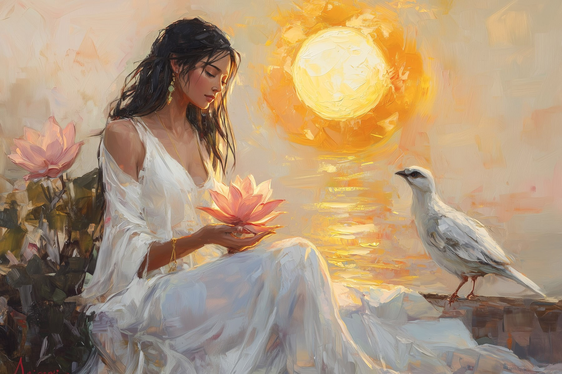 Painting of a woman holding a flower and a bird