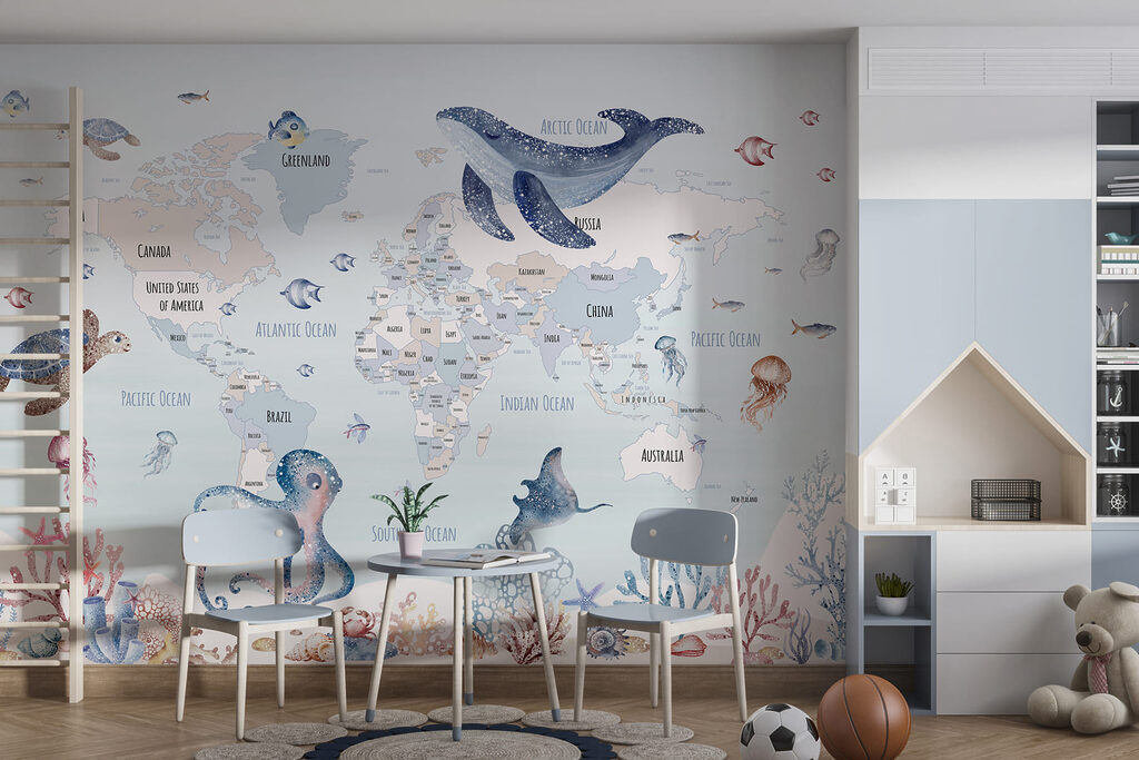 Map of the world with sea animals