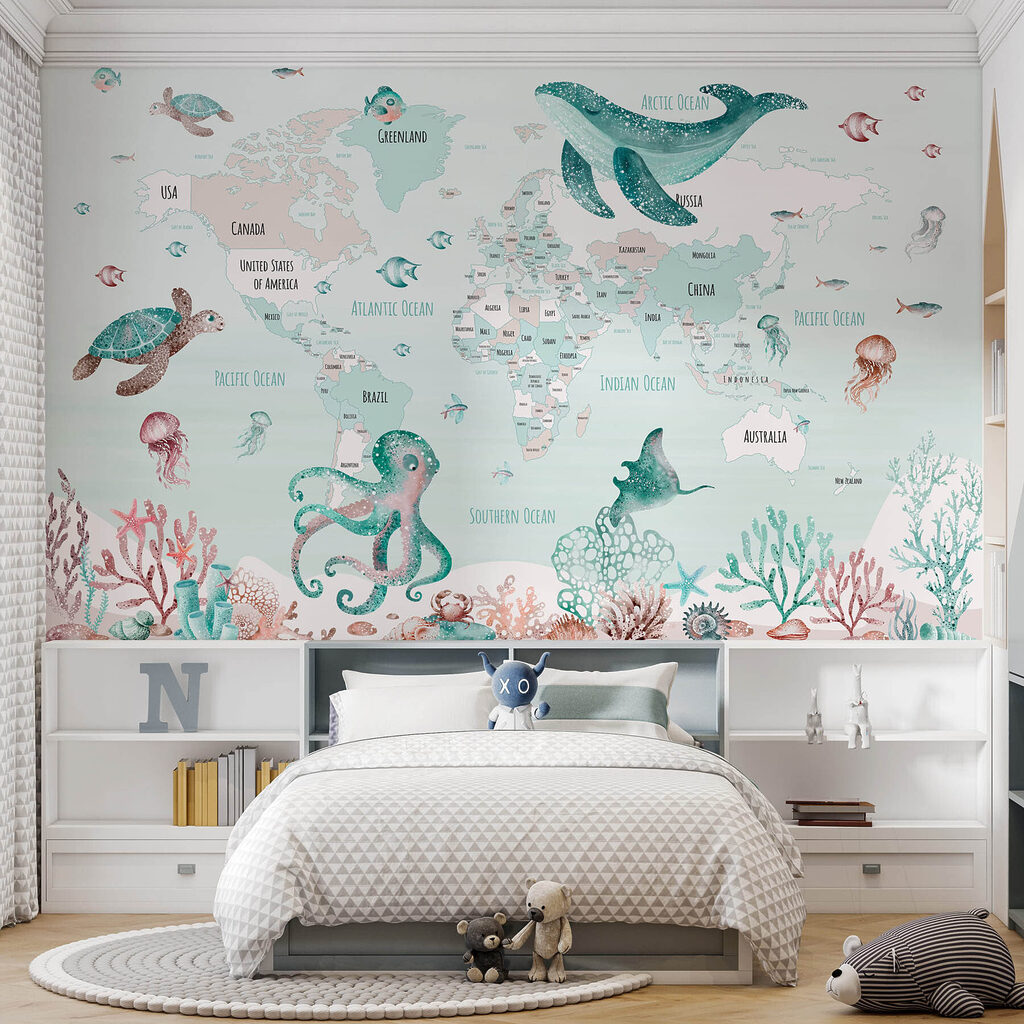 Map of the world with sea animals Map of the world with sea animals