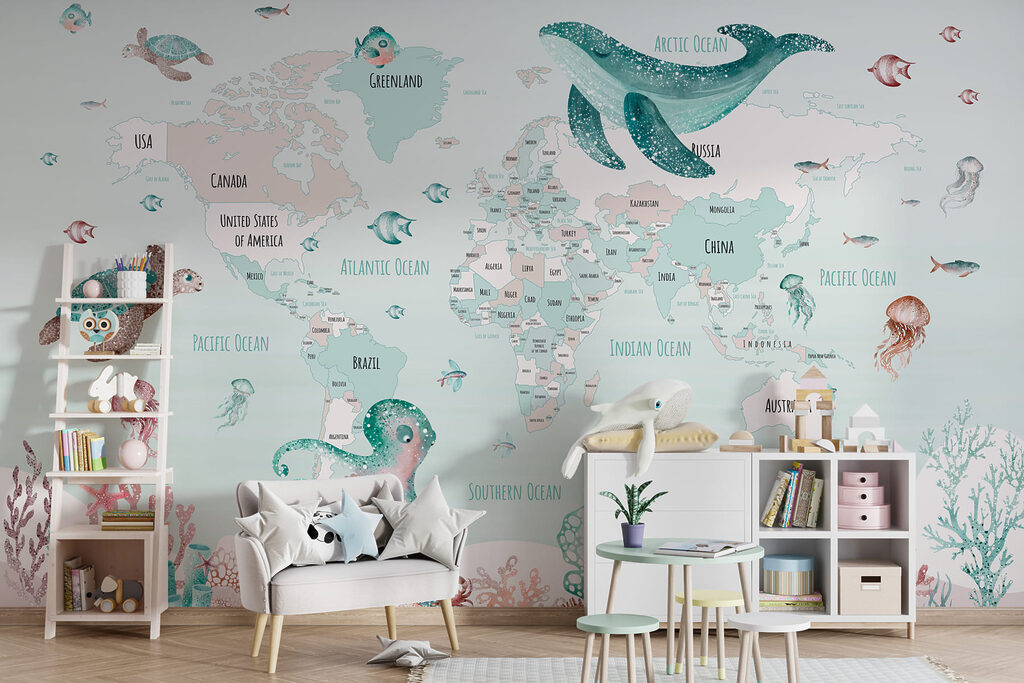 Map of the world with sea animals Map of the world with sea animals