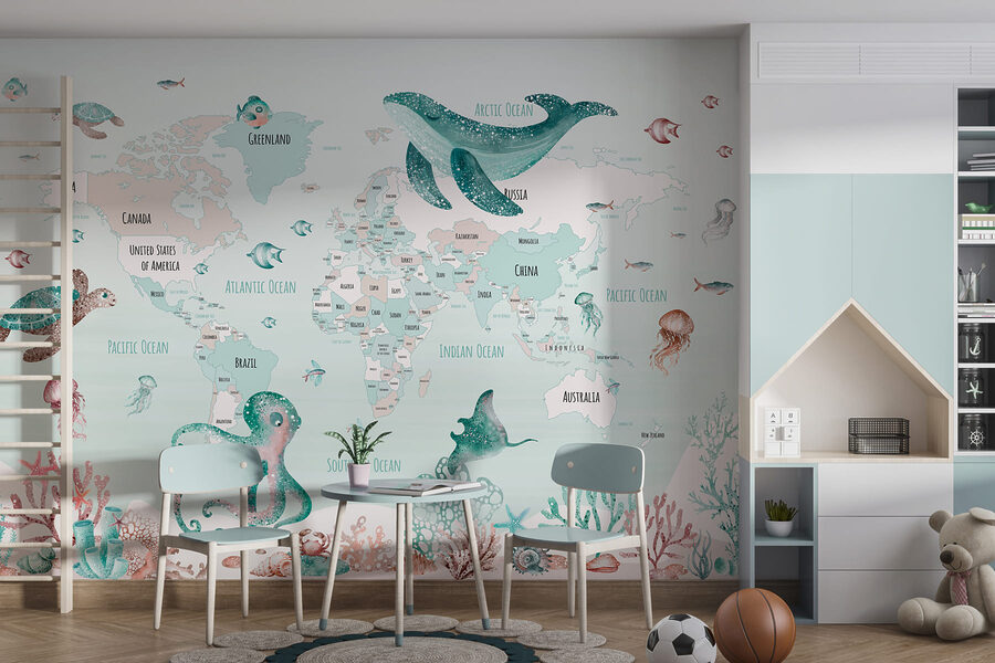Fototapety Mapa sveta s morskými živočíchmi - Image 3