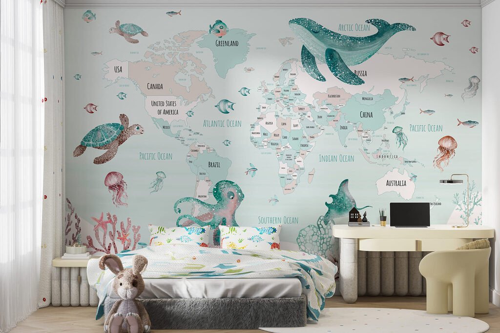 Map of the world with sea animals Map of the world with sea animals