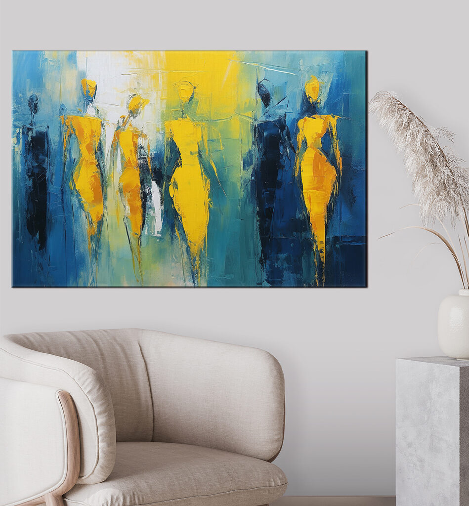 Painting of people in yellow and blue
