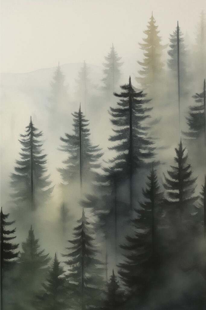 Foggy forest with trees Foggy forest with trees