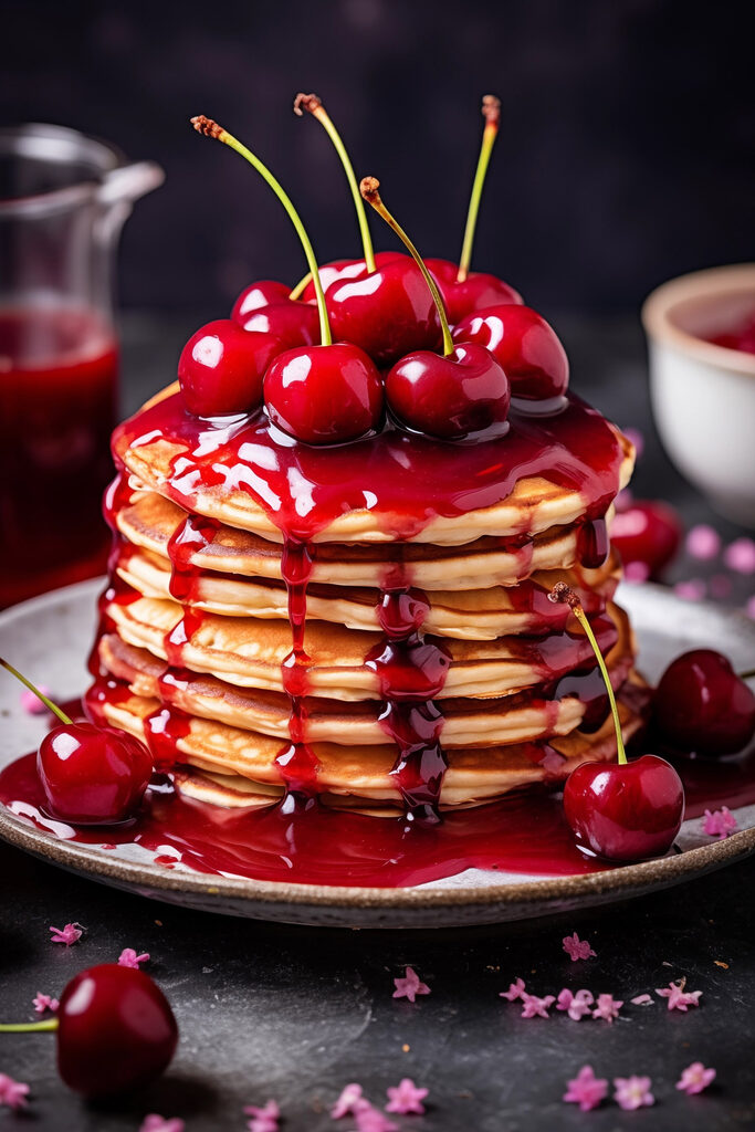 Stack of pancakes with cherry syrup on top