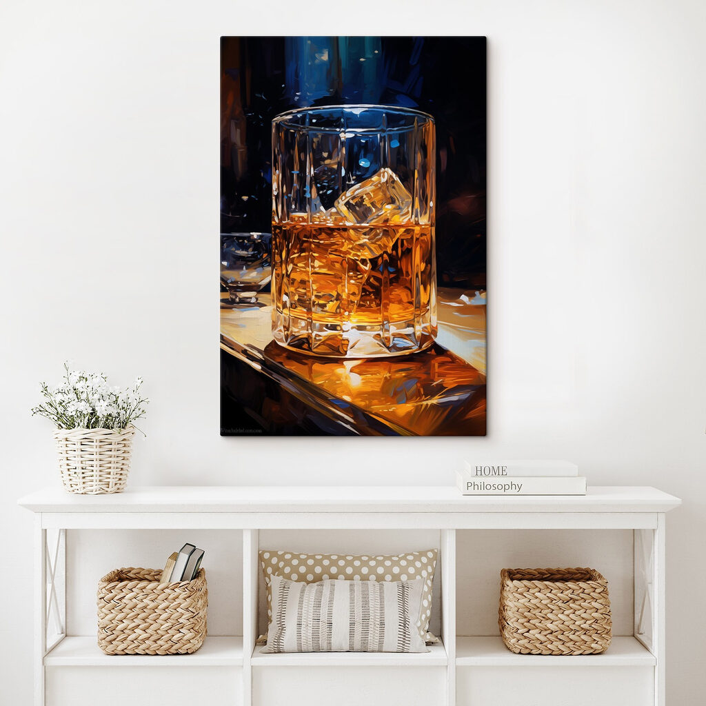 Glass of amber liquid with ice cubes