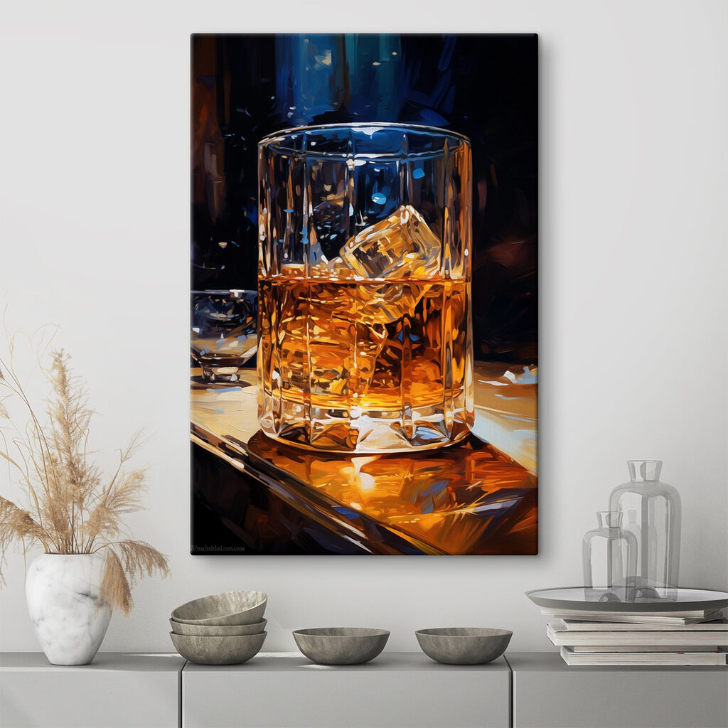 Glass of amber liquid with ice cubes