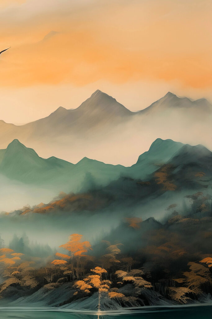 Foggy mountain range with trees