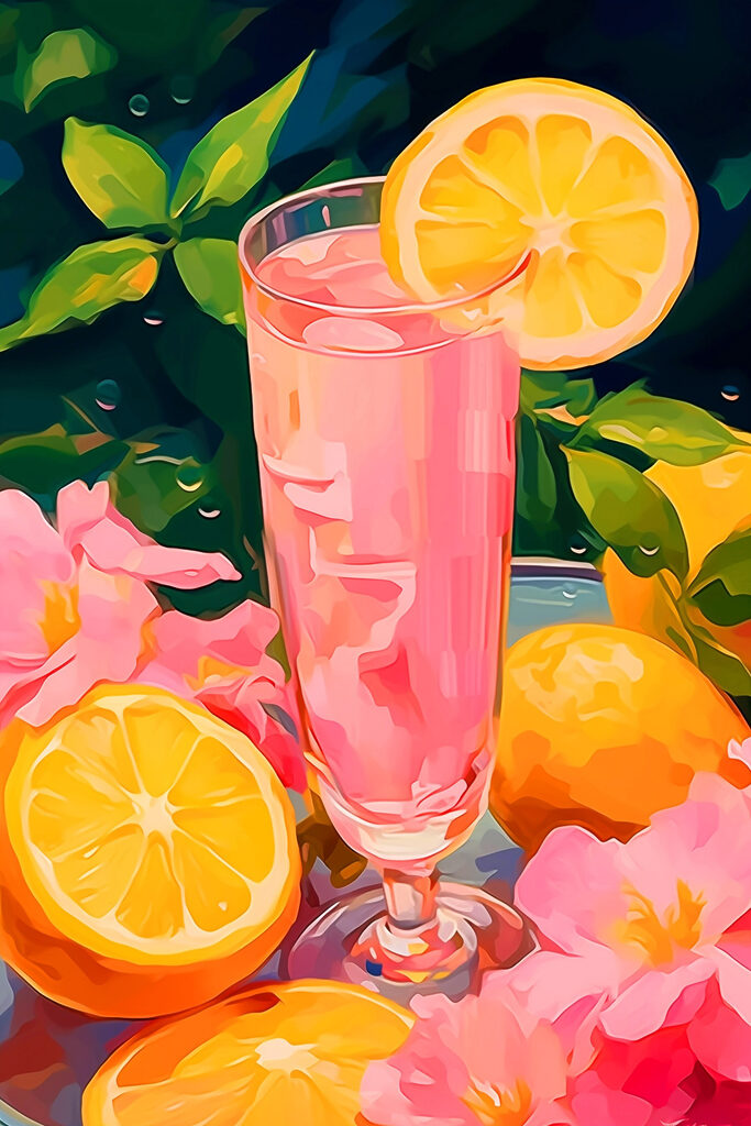 Glass of pink liquid with lemons and flowers Glass of pink liquid with lemons and flowers