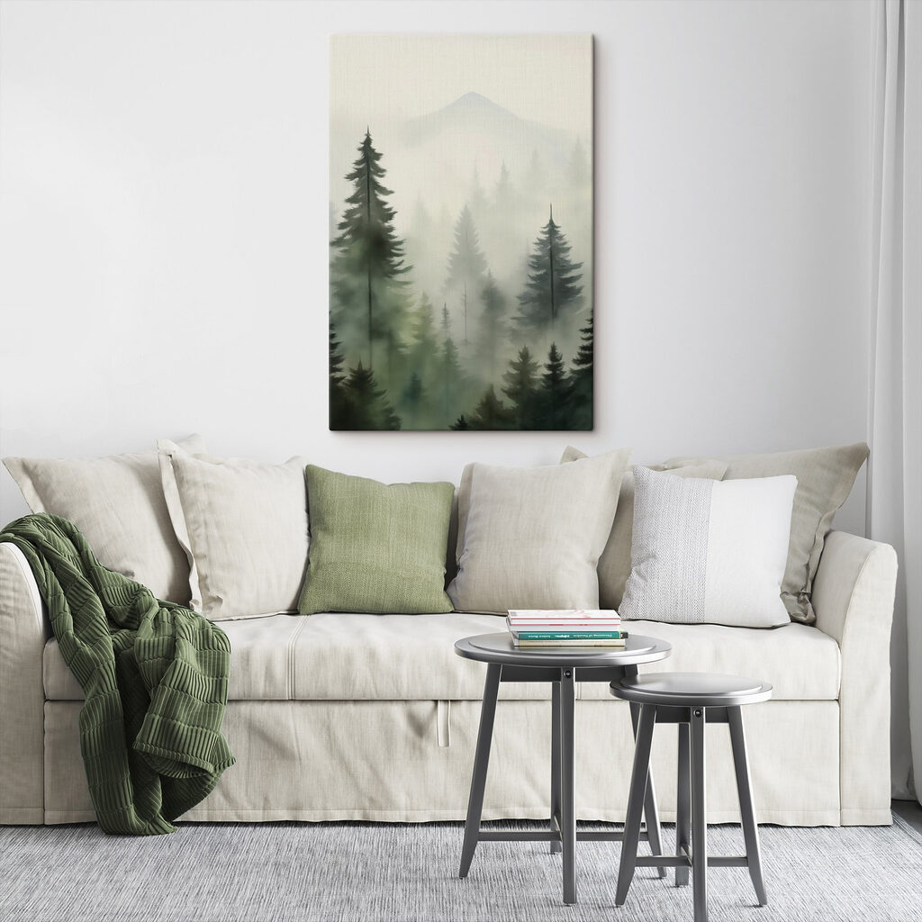 Foggy forest with trees and a mountain in the background