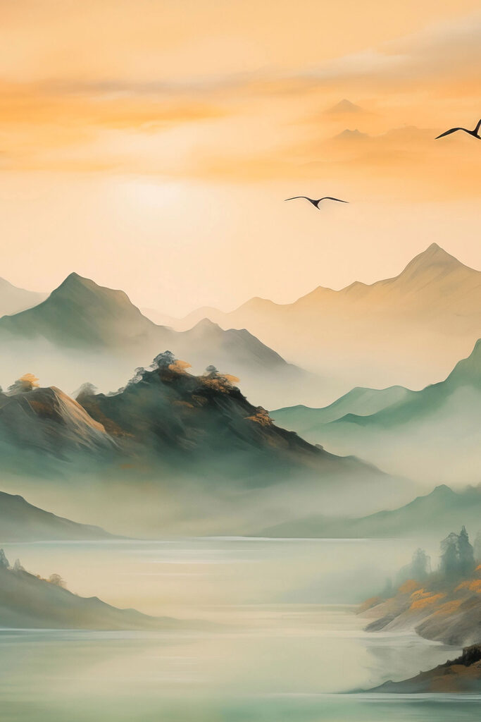 Birds flying over mountains