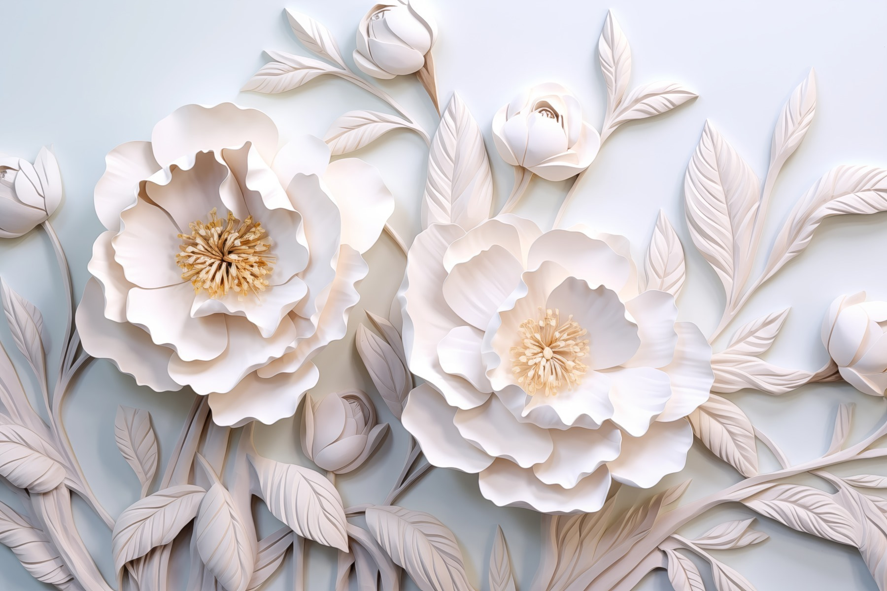 White flowers and leaves on a white surface