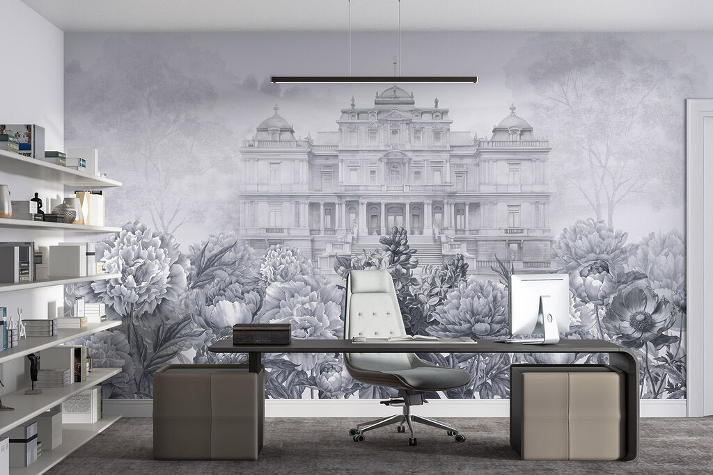 Large white building with flowers