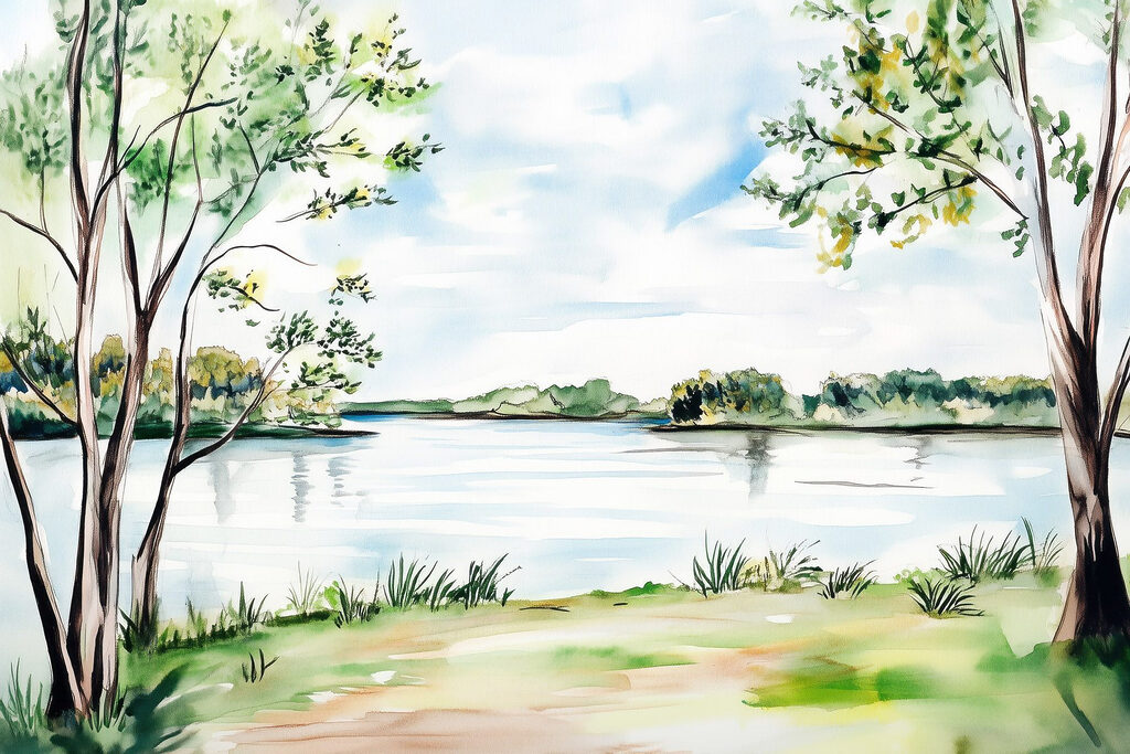 Watercolor of a lake with trees and grass Watercolor of a lake with trees and grass