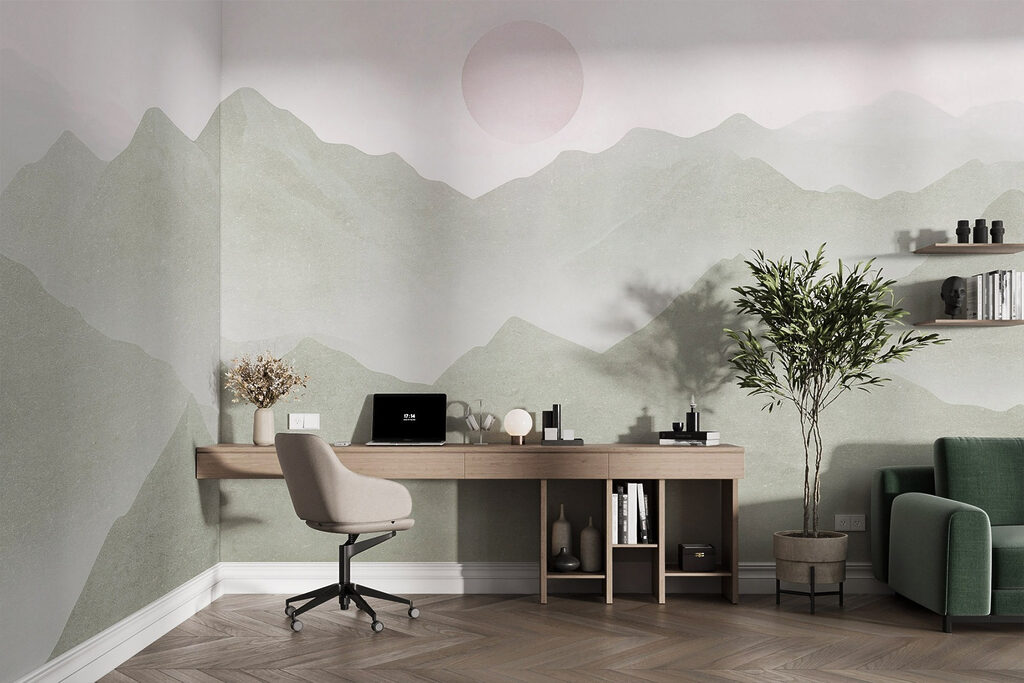 Mountain range with a sun in the distance