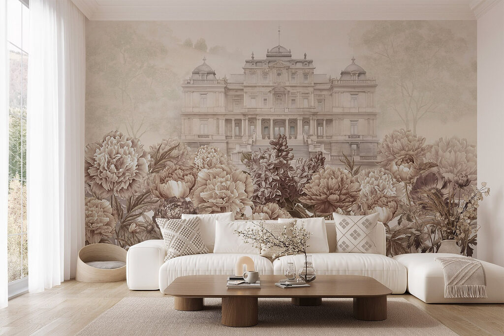 Large white building with flowers