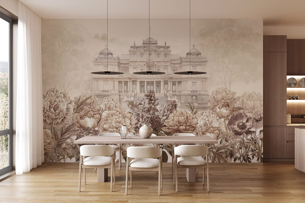 Large white building with flowers