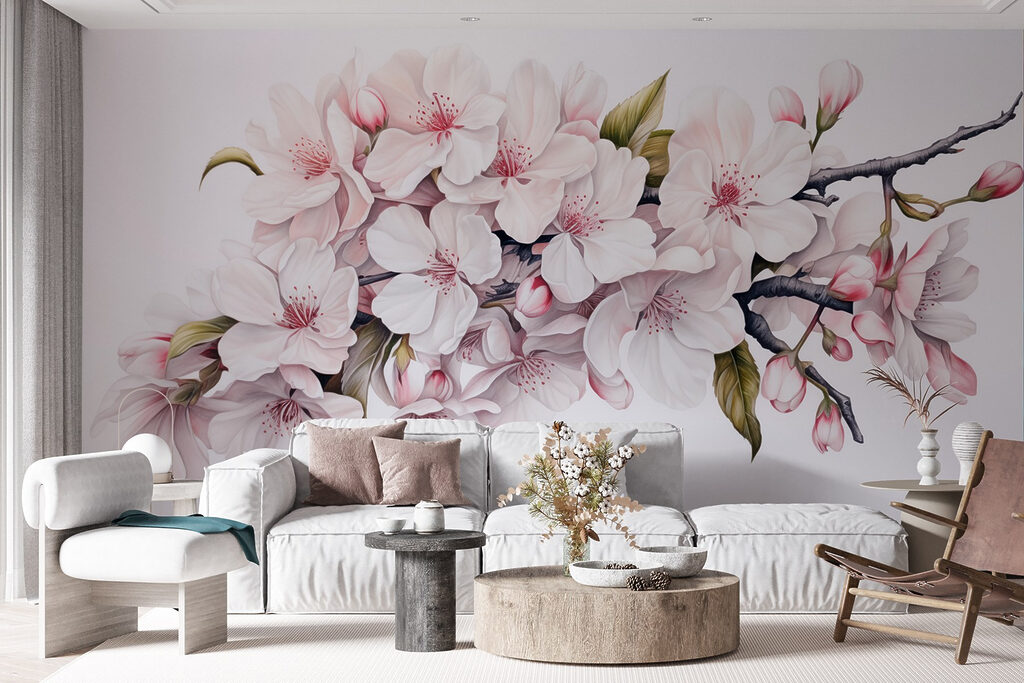 Painting of white flowers on a branch