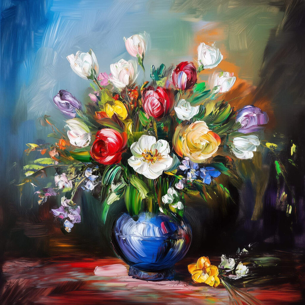 Painting of flowers in a blue vase Painting of flowers in a blue vase