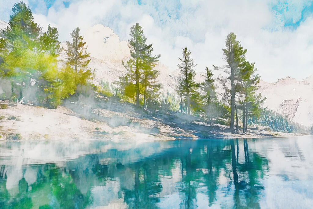 Water with trees and mountains in the background Water with trees and mountains in the background