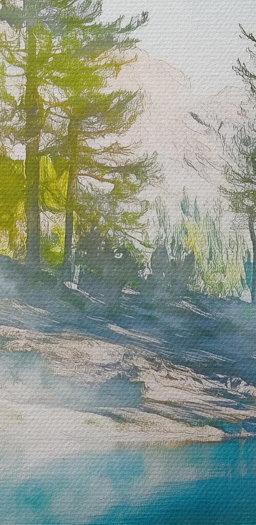 Water with trees and mountains in the background Water with trees and mountains in the background