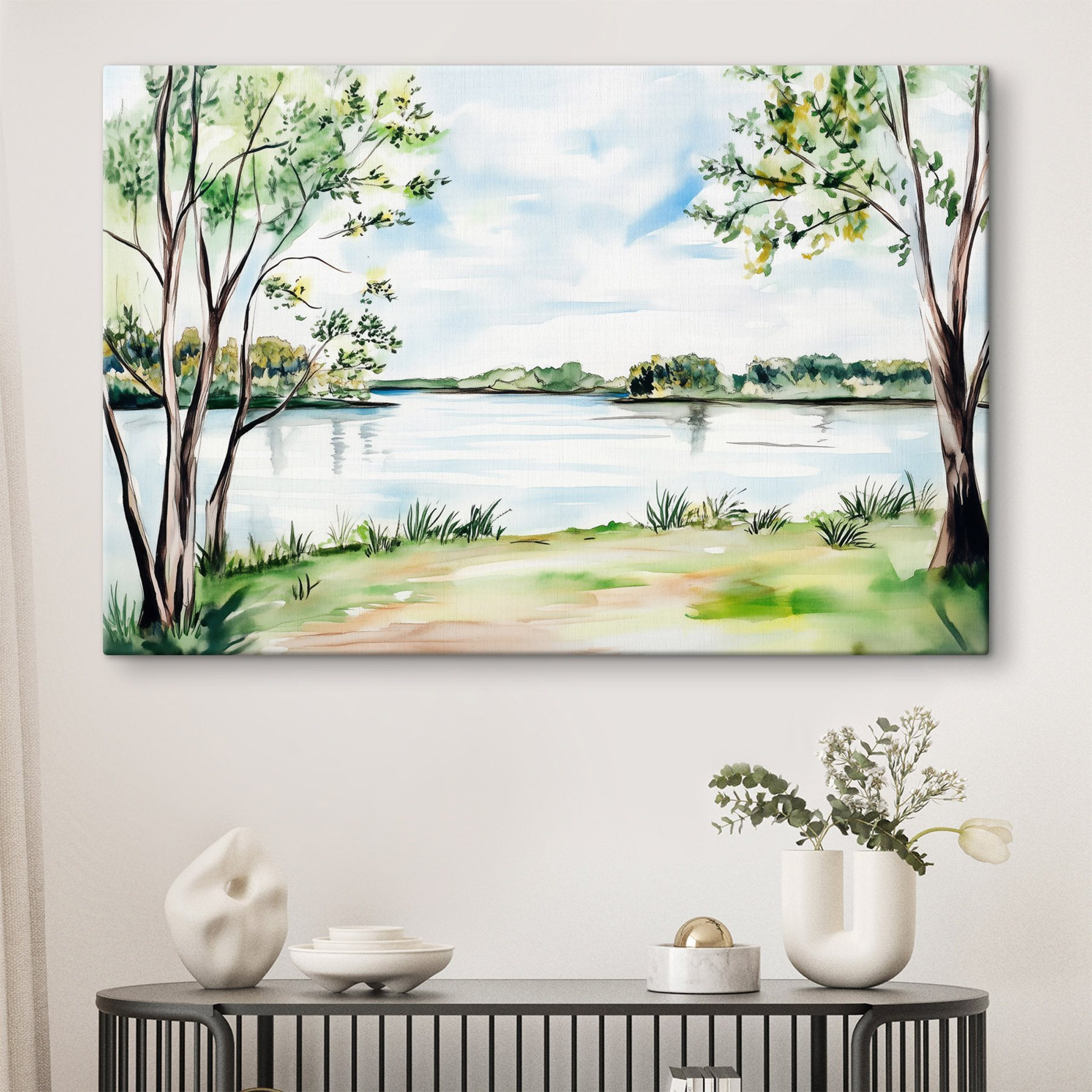 Watercolor of a lake with trees and grass Watercolor of a lake with trees and grass