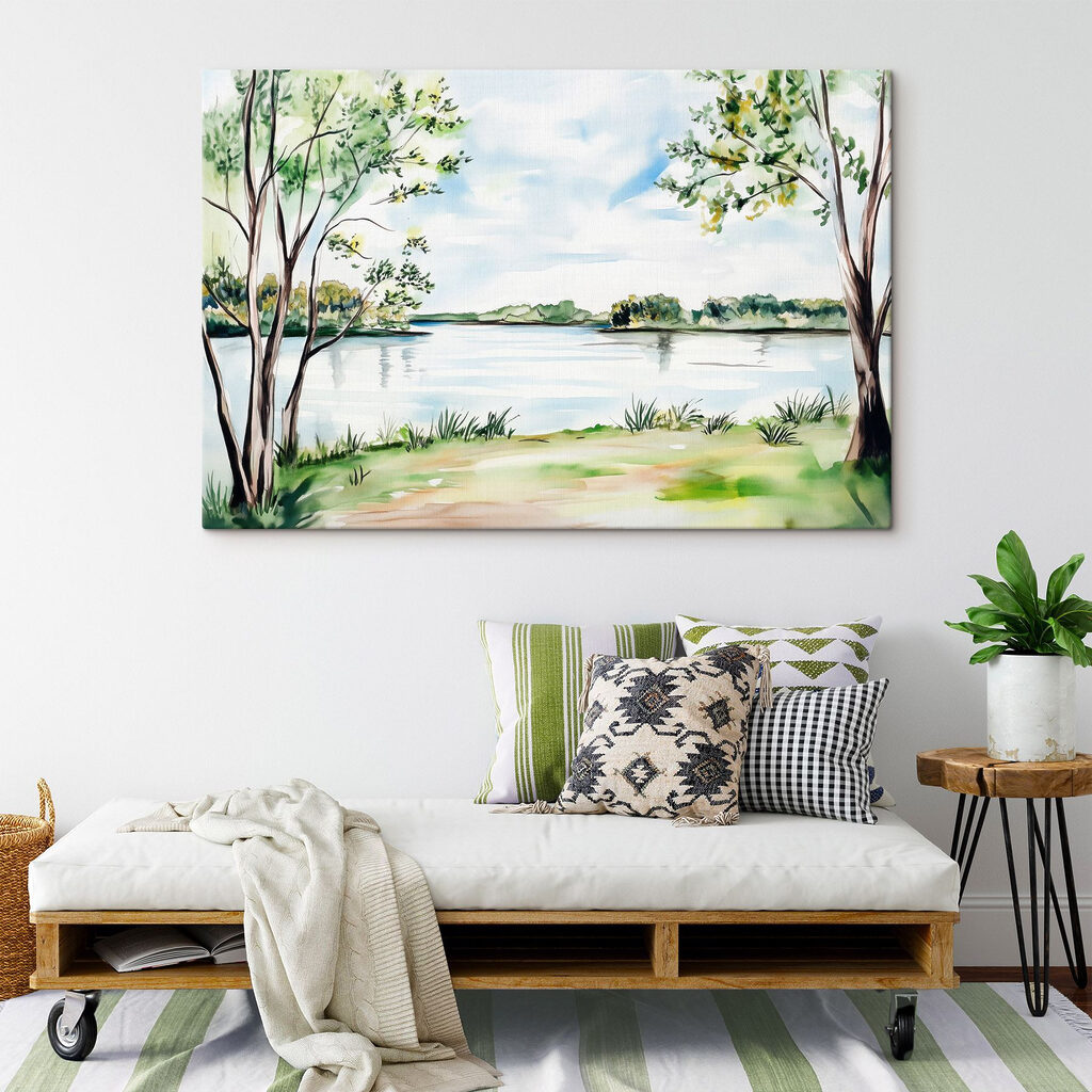 Watercolor of a lake with trees and grass Watercolor of a lake with trees and grass